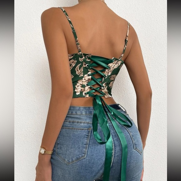 Boho floral print lace up back bustier corset tube satin top - Picture 10 of 16